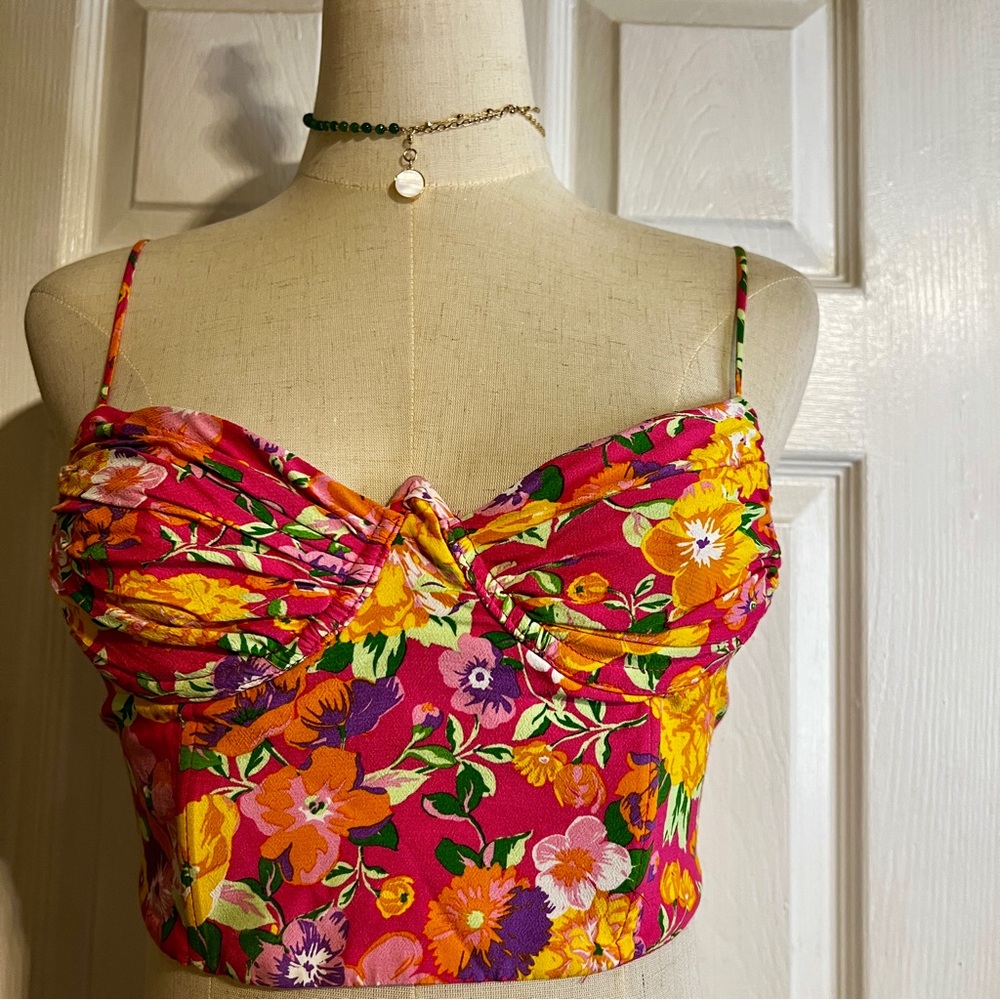 Zara Women’s Floral Corset Bustier Boning Crop Beach Festival Resort Top Pink M